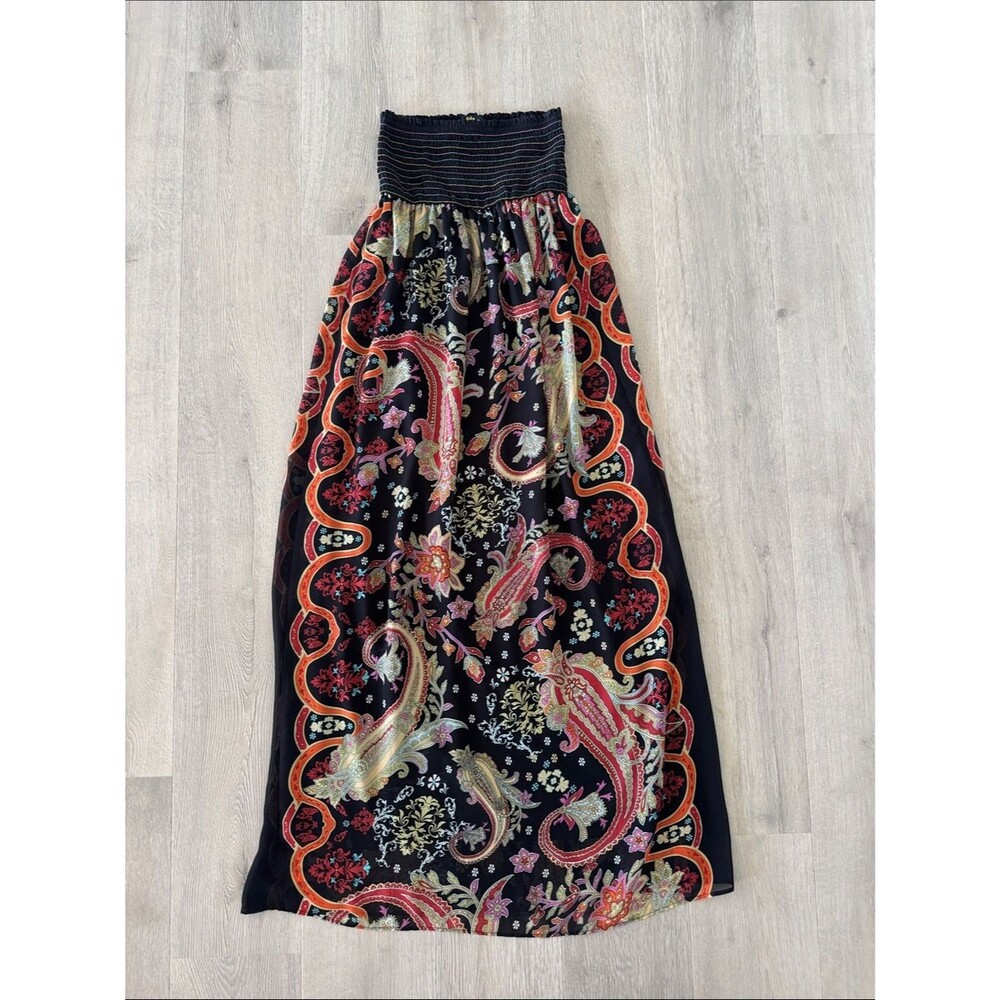 Boho Strapless Paisley Maxi Dress in Black with Multicolor Print